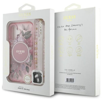 Guess IML Flowers With Pearl Strap MagSafe - dėklas iPhone 16 (Rausvos)