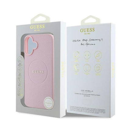 Guess Grained Ring MagSafe – iPhone 16 Plus dėklas (rožinis)