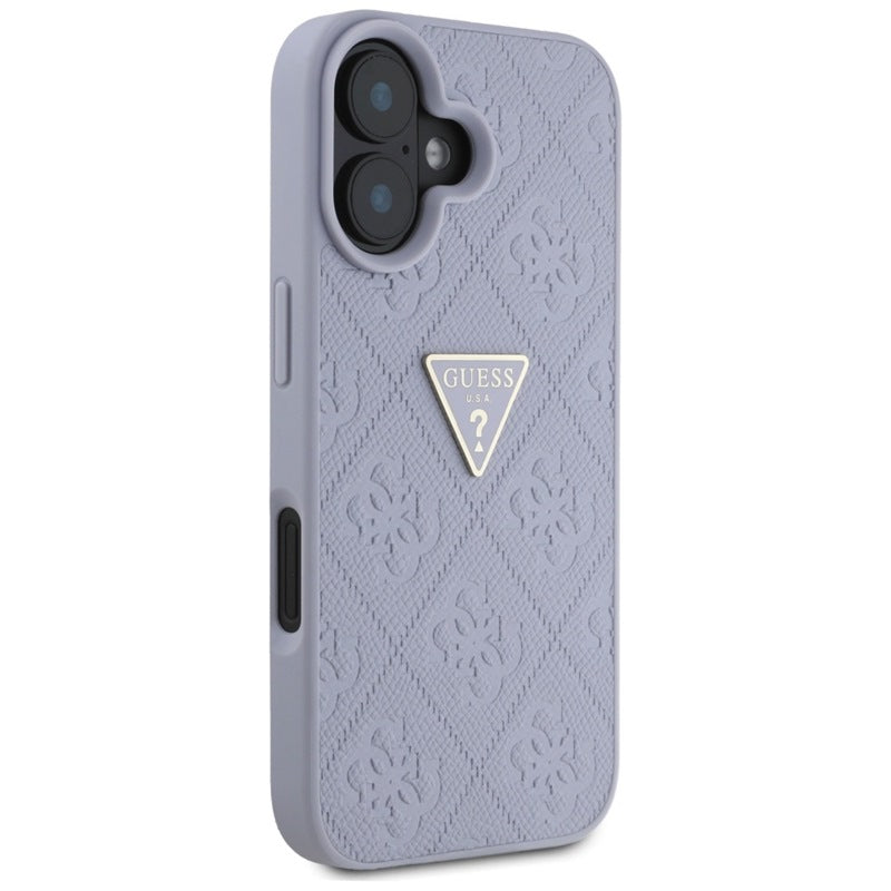 Guess Hot Stamp 4G Pattern Triangle Metal Logo – Dėklas iPhone 16 (violetinė)