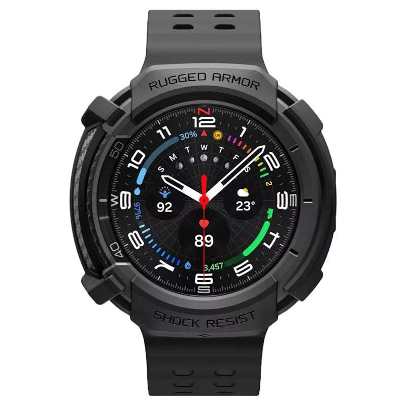 Spigen Rugged Armor – Dėklas, skirtas Samsung Galaxy Watch 8 Classic 46 mm (Matinis juodas)