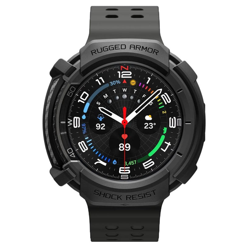Spigen Rugged Armor – Dėklas, skirtas Samsung Galaxy Watch 8 Classic 46 mm (Matinis juodas)
