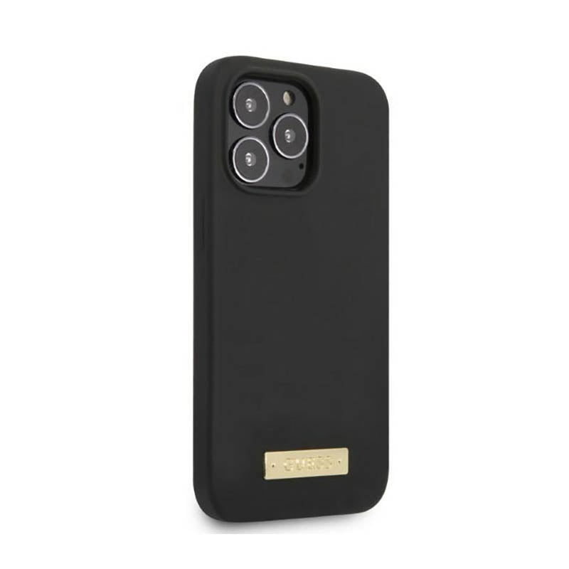 Guess Silicone Logo Plate MagSafe – dėklas, skirtas iPhone 13 Pro Max (juodas)