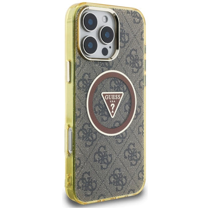 Guess IML Metal Glitter 4G Circle Triangle MagSafe – dėklas iPhone 16 Pro (rudos spalvos)