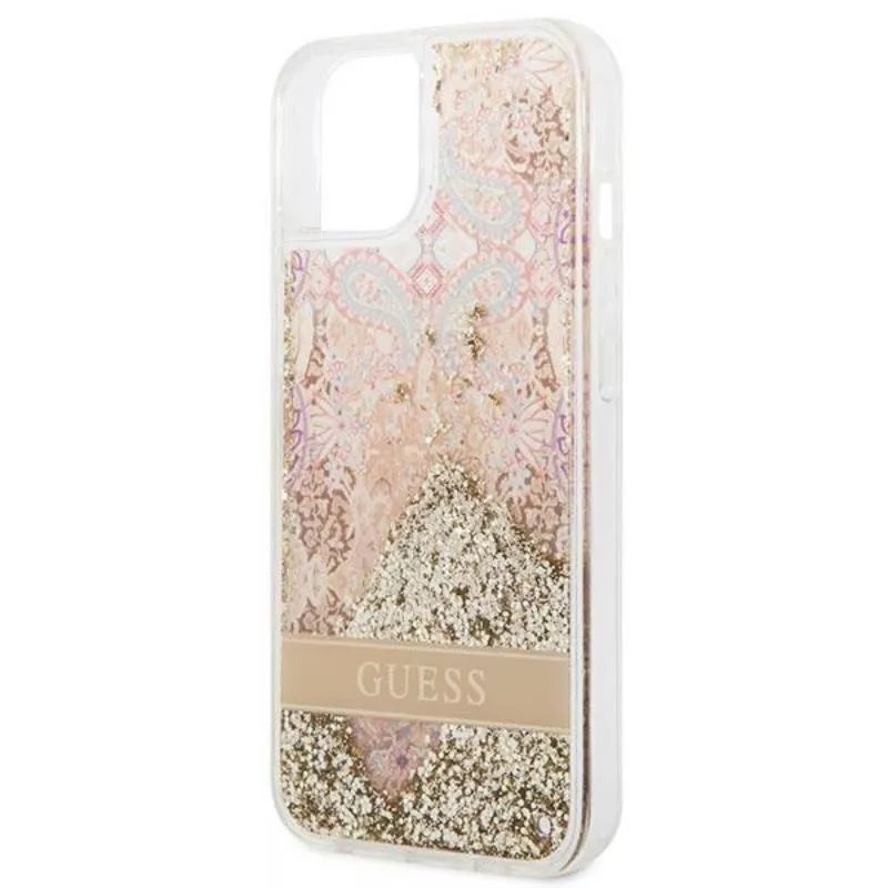 Guess Liquid Glitter Paisley – „iPhone 14 Plus“ dėklas (auksinis)