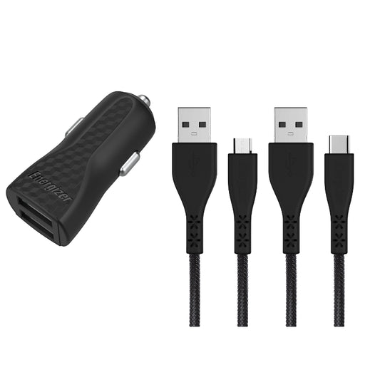 Energizer HardCase – automobilinis įkroviklis 2x USB-A 2.4A + USB-C ir „Micro USB“ laidas (juodas)