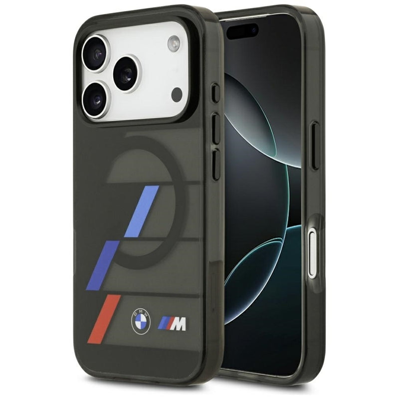 BMW M IML metaliniai mygtukai su trispalvėmis linijomis, MagSafe - dėklas iPhone 17 Pro Max (juodas)