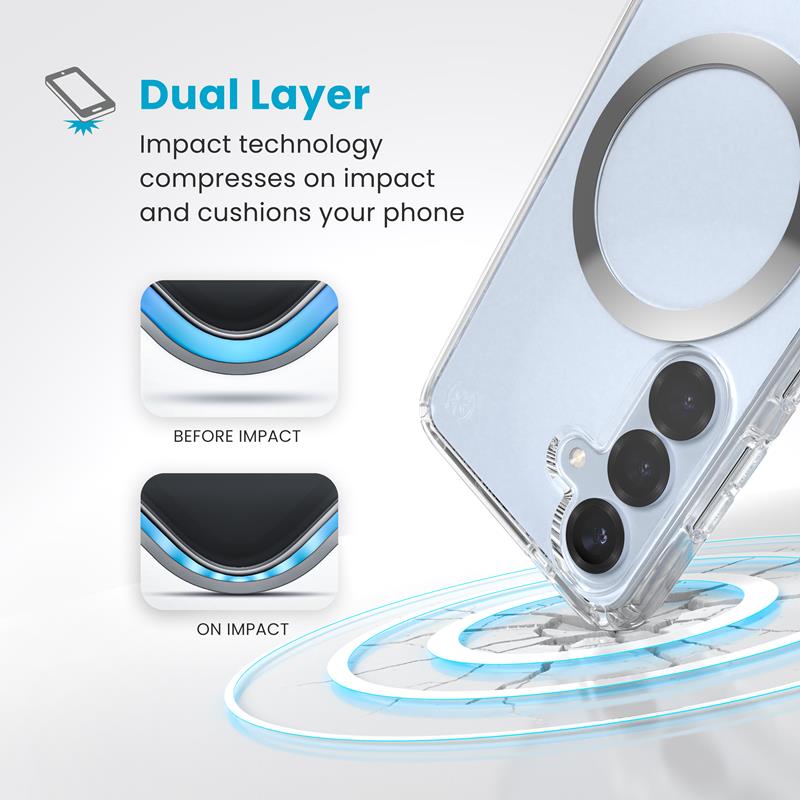 Speck Presidio Perfect-Clear Magnet - dėklas, skirtas Samsung Galaxy S25 / S24 MagSafe (permatomas / chromuotas / šviesiai sidabrinis)