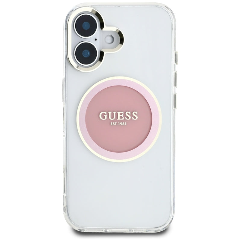 Guess IML Metal Colored Circle Classic Logo MagSafe – dėklas iPhone 16 (rožinis)