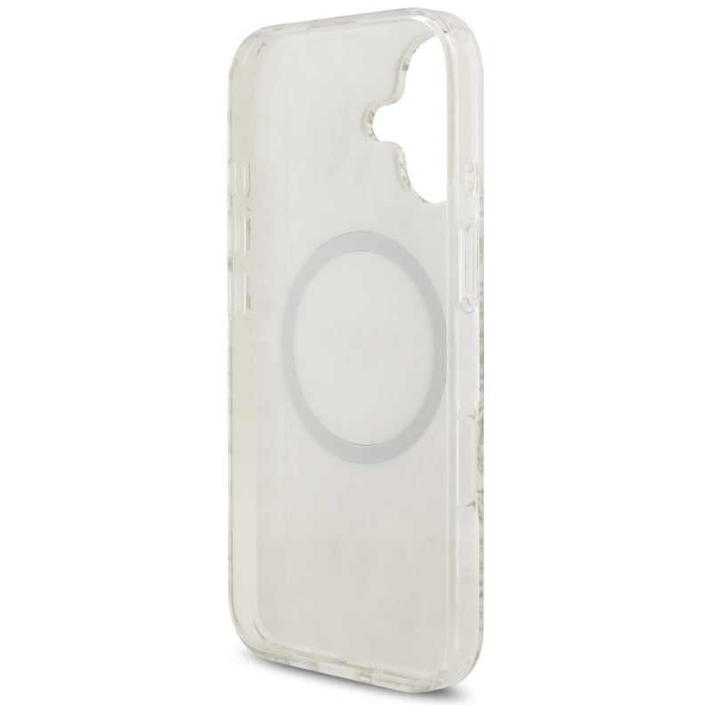 Guess IML Gėlės Elektrinis Perlų Dirželis MagSafe dėklas iPhone 17 (baltas)