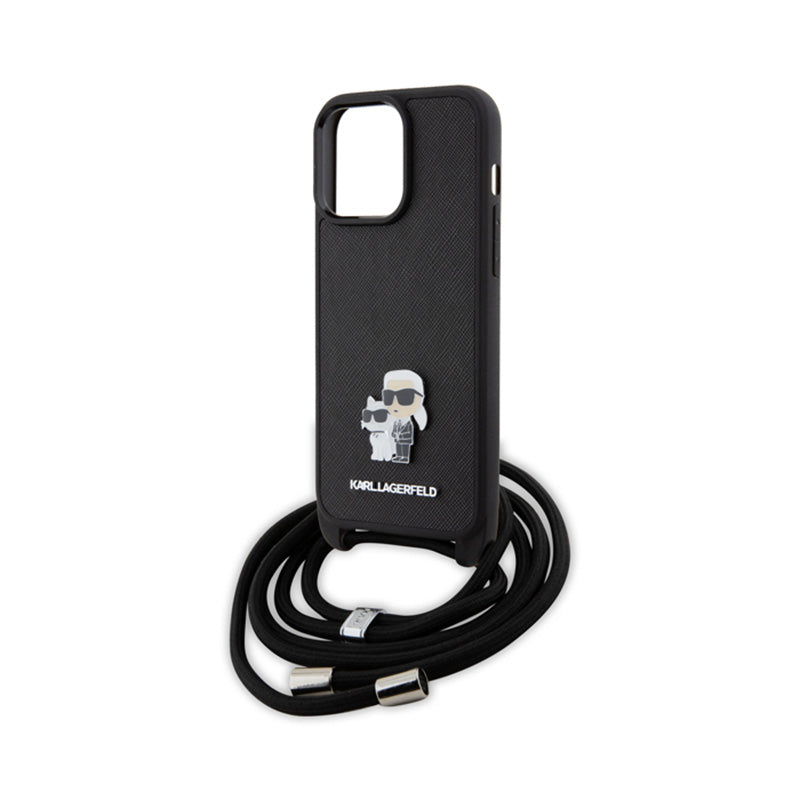 Karl Lagerfeld Crossbody Saffiano Metal Pin Karl & Choupette – dėklas, skirtas „iPhone 15 Pro Max“ (juodas)