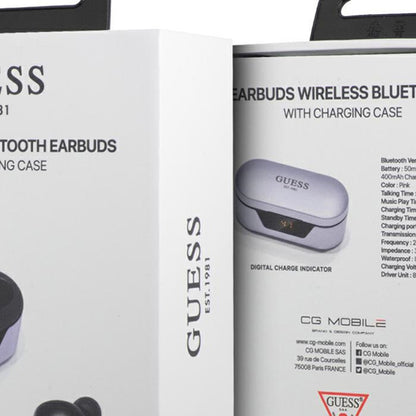 Guess tikrosios belaidės ausinės BT5.0 5 val. – TWS ausinės + įkrovimo dėklas (violetinė)