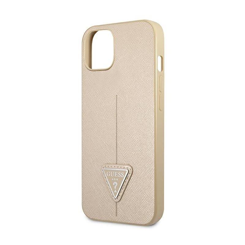 Guess Saffiano Triangle Logo dėklas – dėklas iPhone 13 mini (smėlio spalvos)