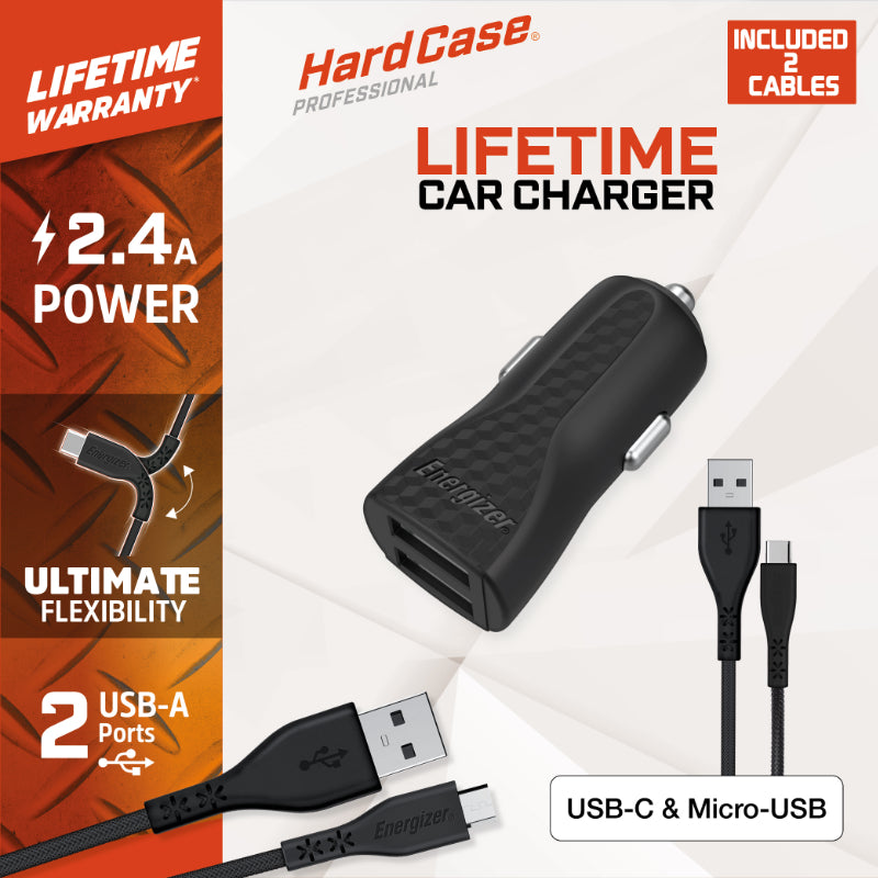 Energizer HardCase – automobilinis įkroviklis 2x USB-A 2.4A + USB-C ir „Micro USB“ laidas (juodas)
