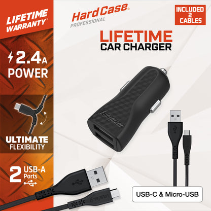 Energizer HardCase – automobilinis įkroviklis 2x USB-A 2.4A + USB-C ir „Micro USB“ laidas (juodas)