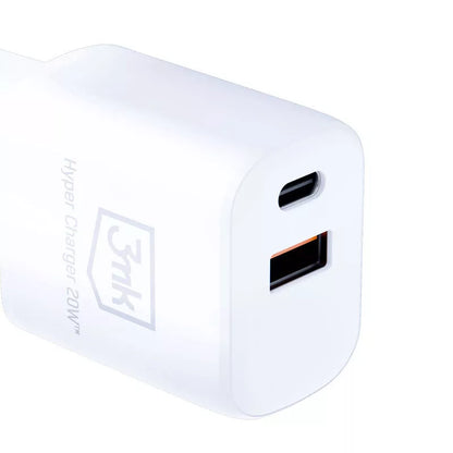3mk Hyper Charger – USB-A QC 3.0 + USB-C PD 20W sieninis įkroviklis (baltas)
