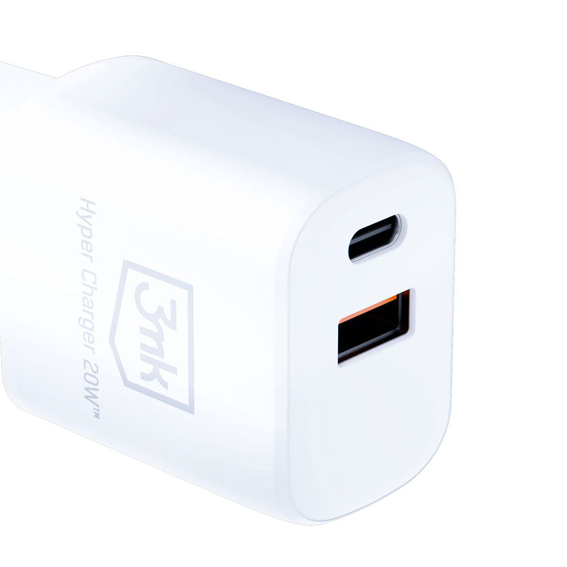 3mk Hyper Charger – USB-A QC 3.0 + USB-C PD 20W sieninis įkroviklis (baltas)