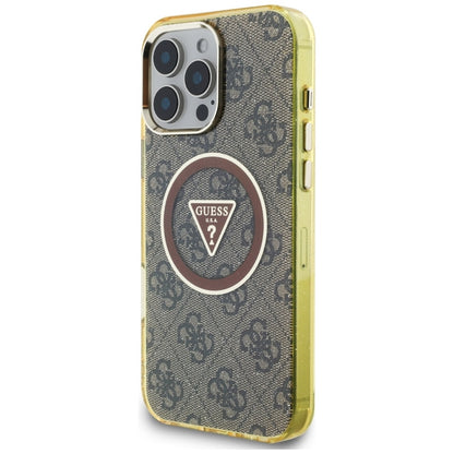 Guess IML Metal Glitter 4G Circle Triangle MagSafe – dėklas, skirtas iPhone 16 Pro Max (rudas)