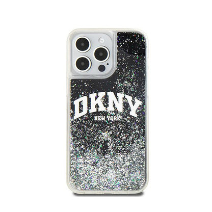 DKNY Dėklas su skystais blizgučiais ir dideliu logotipu, skirtas iPhone 15 Pro Max (juodas)