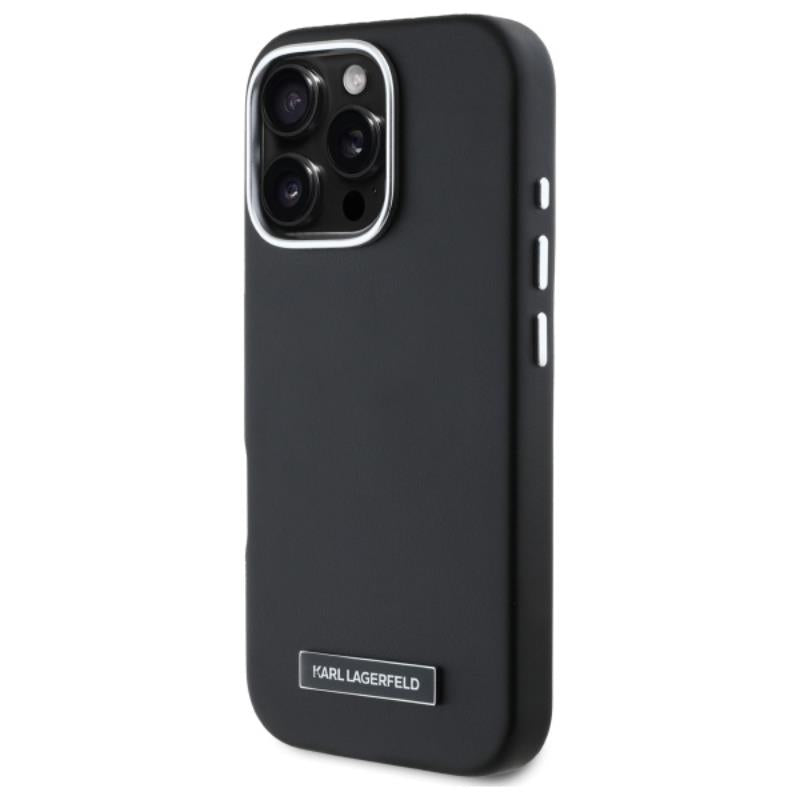 Dėklas iPhone 16 Pro Max (juodas) su metaline plokštele MagSafe, Karl Lagerfeld FW