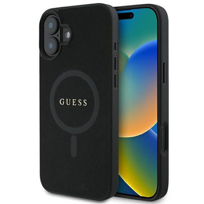 Guess Saffiano Classic Logo MagSafe – „iPhone 16 Plus“ dėklas (juodas)
