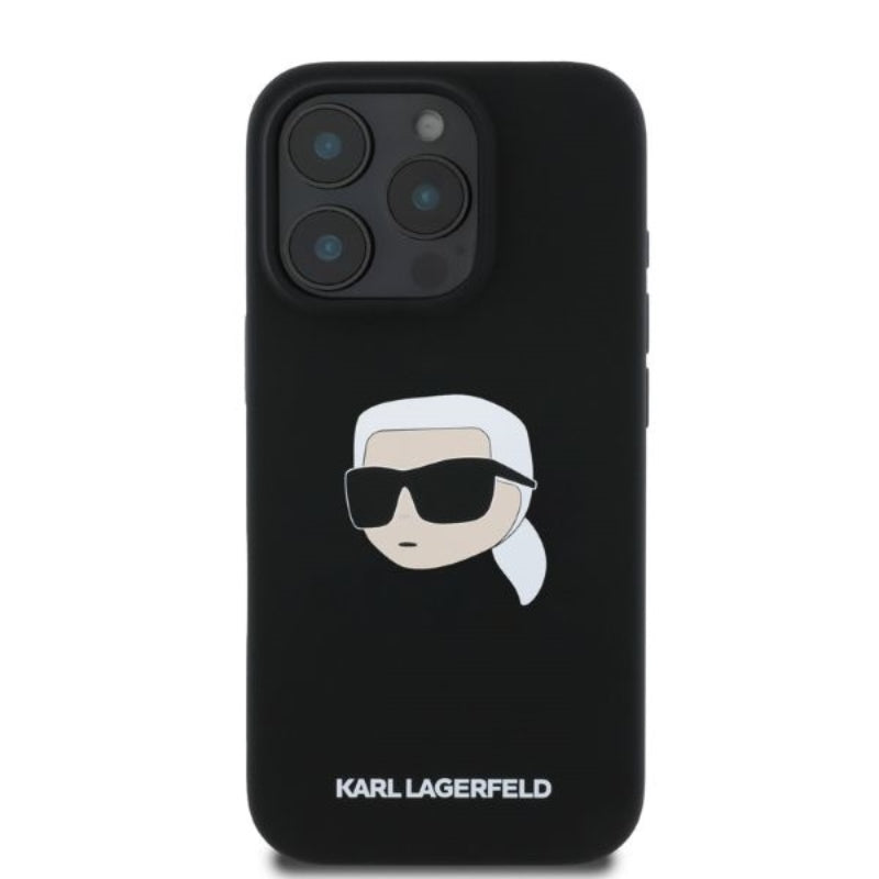 Karl Lagerfeld silikoninis dėklas su Karlo galvos spaudiniu MagSafe - iPhone 16 Pro Max (juodas)