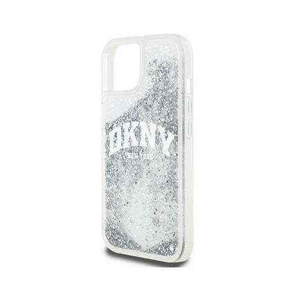 DKNY Skystas blizgučių dėklas su Dideliu logotipu, skirtas iPhone 15 / 14 / 13 (baltas)