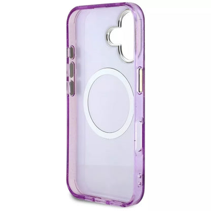 Guess Glitter Flowers Triangle Buttons MagSafe – dėklas, skirtas iPhone 16 (violetinė)
