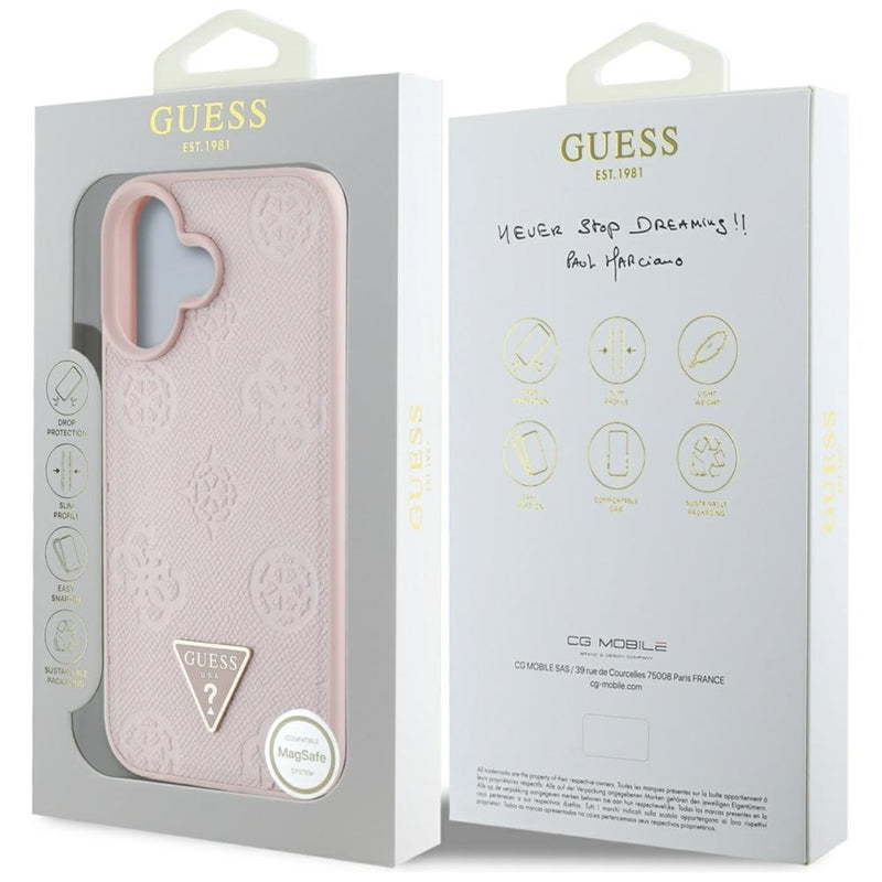 Guess Grained Hot Stamp Peony Triangle Logo MagSafe - „iPhone 16“ dėklas (rožinis)