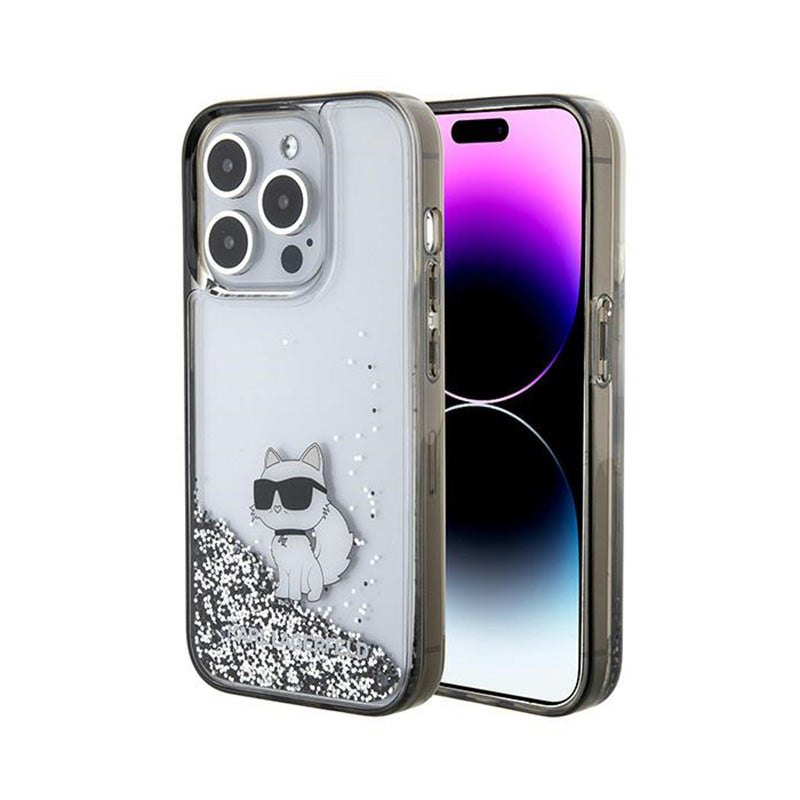 Karl Lagerfeld Liquid Glitter Choupette – iPhone 15 Pro dėklas (skaidrus)