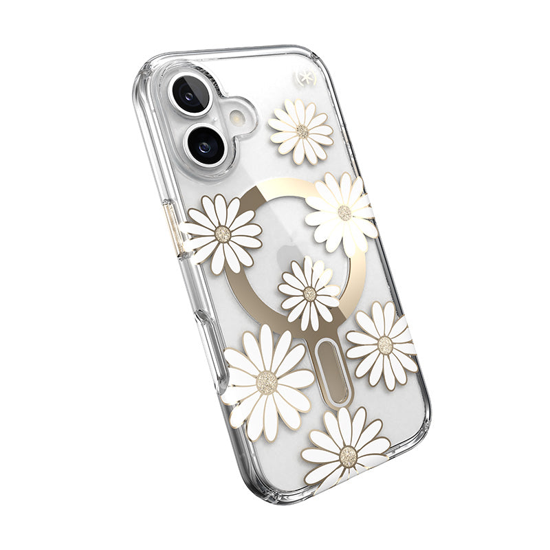 Speck Presidio Lux ClickLock & MagSafe – dėklas „iPhone 16“ (Sunshine Daisies / skaidrus / auksinis)