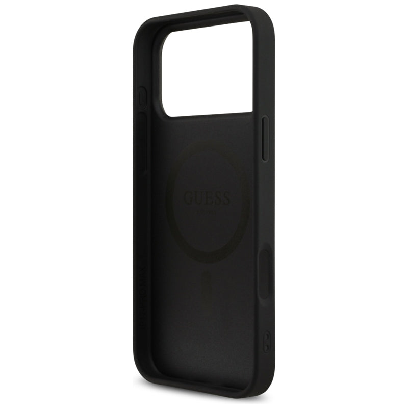 Guess 4G Dryžuoto Spaudinio MagSafe Dėklas iPhone 17 Pro Max (Juodas)