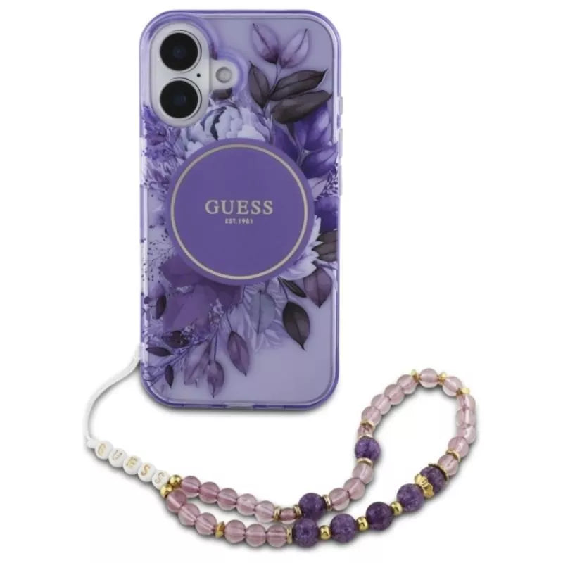 Guess IML Gėlės su perline apyranke MagSafe - Dėklas iPhone 16 (Violetinis)