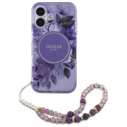 Guess IML Gėlės su perline apyranke MagSafe - Dėklas iPhone 16 (Violetinis)