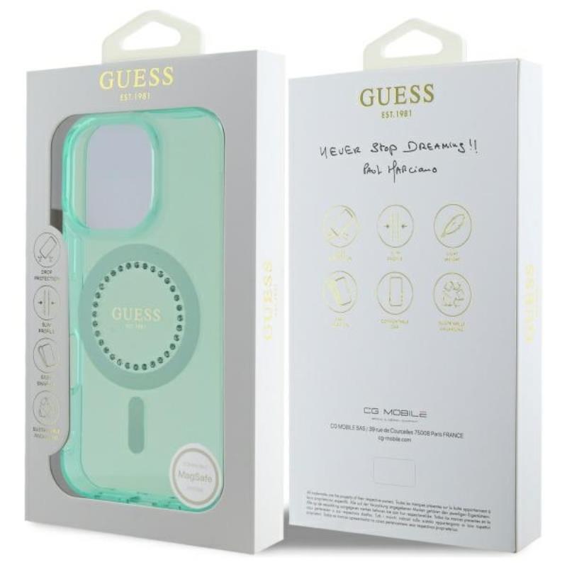 Guess IML Rhinestones MagSafe – dėklas iPhone 16 Pro Max (žalias)