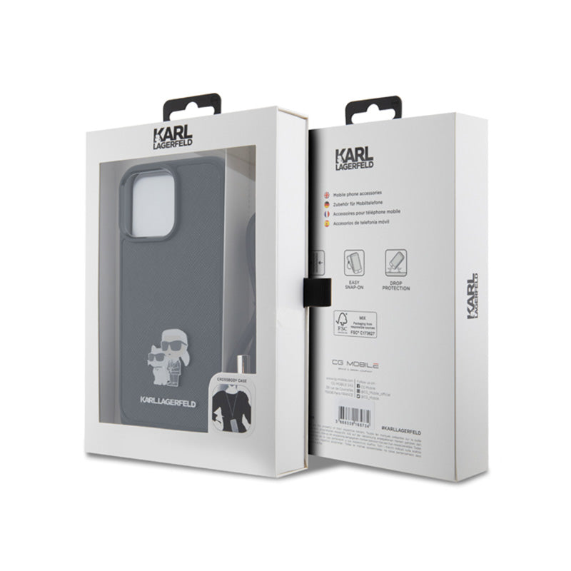 Karl Lagerfeld Crossbody Saffiano Metal Pin Karl & Choupette – dėklas, skirtas „iPhone 15 Pro Max“ (juodas)