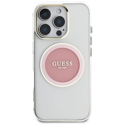 Guess IML Metal Colored Circle Classic Logo MagSafe – dėklas, skirtas iPhone 16 Pro (rožinis)