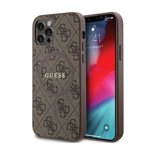 Guess 4G Collection Leather Metal Logo MagSafe – dėklas, skirtas iPhone 12 / iPhone 12 Pro (ruda)