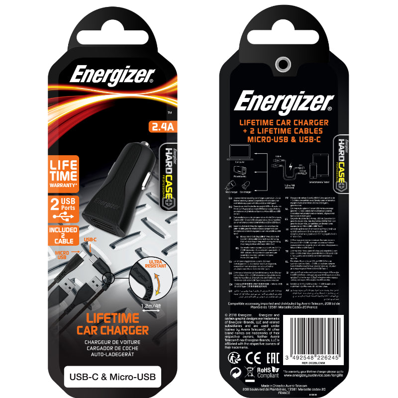 Energizer HardCase – automobilinis įkroviklis 2x USB-A 2.4A + USB-C ir „Micro USB“ laidas (juodas)