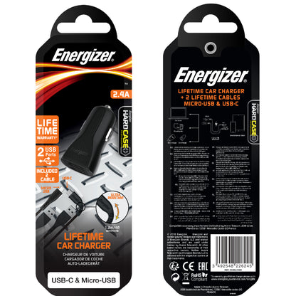 Energizer HardCase – automobilinis įkroviklis 2x USB-A 2.4A + USB-C ir „Micro USB“ laidas (juodas)