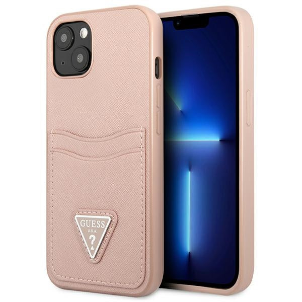 Guess Saffiano Double Card Triangle – dangtis, skirtas iPhone 13 mini (rožinis)