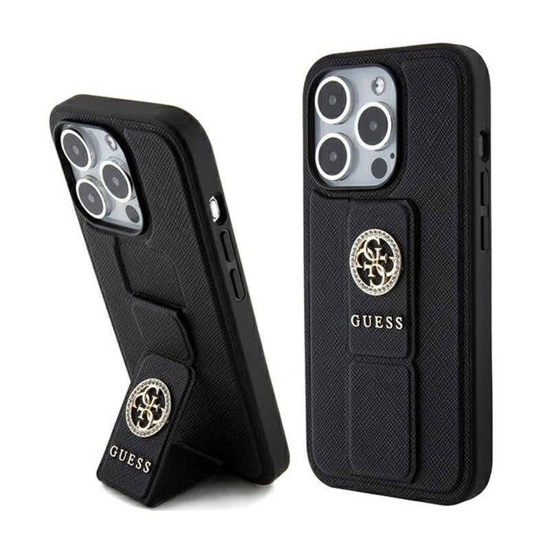 Guess Grip Stand 4G Saffiano Strass Logo – iPhone 15 Pro Max dėklas (juodas)