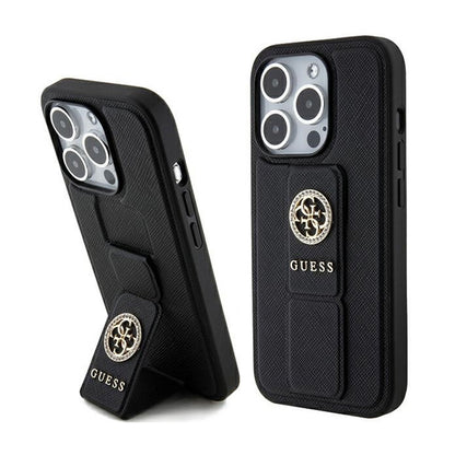 Guess Grip Stand 4G Saffiano Strass Logo – iPhone 15 Pro Max dėklas (juodas)