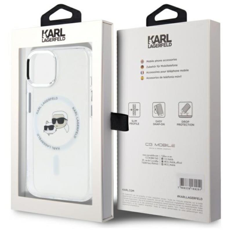 Karl Lagerfeld IML Metal Karl & Choupette Head MagSafe – Dėklas, skirtas iPhone 15 (baltas)