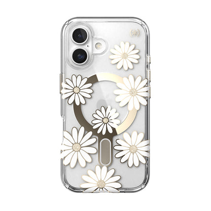 Speck Presidio Lux ClickLock & MagSafe – dėklas „iPhone 16“ (Sunshine Daisies / skaidrus / auksinis)