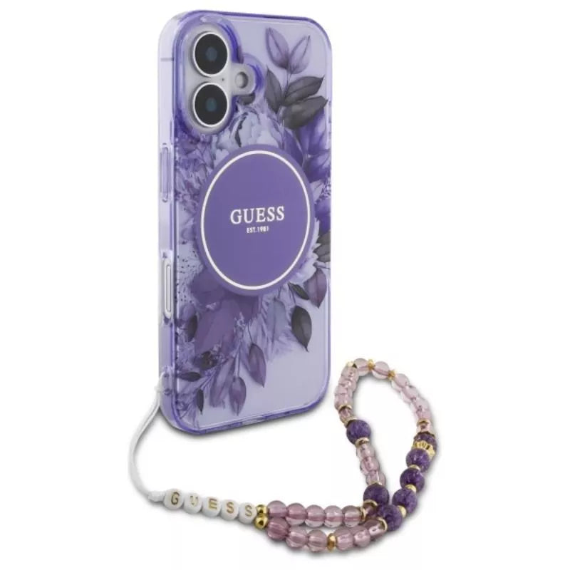 Guess IML Gėlės su perline apyranke MagSafe - Dėklas iPhone 16 (Violetinis)