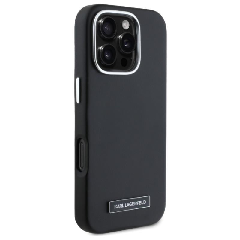 Dėklas iPhone 16 Pro Max (juodas) su metaline plokštele MagSafe, Karl Lagerfeld FW