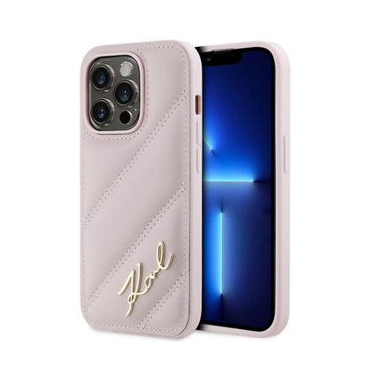 Karl Lagerfeld „Diagonal Quilted Script“ – dėklas, skirtas „iPhone 14 Pro Max“ (rožinė)