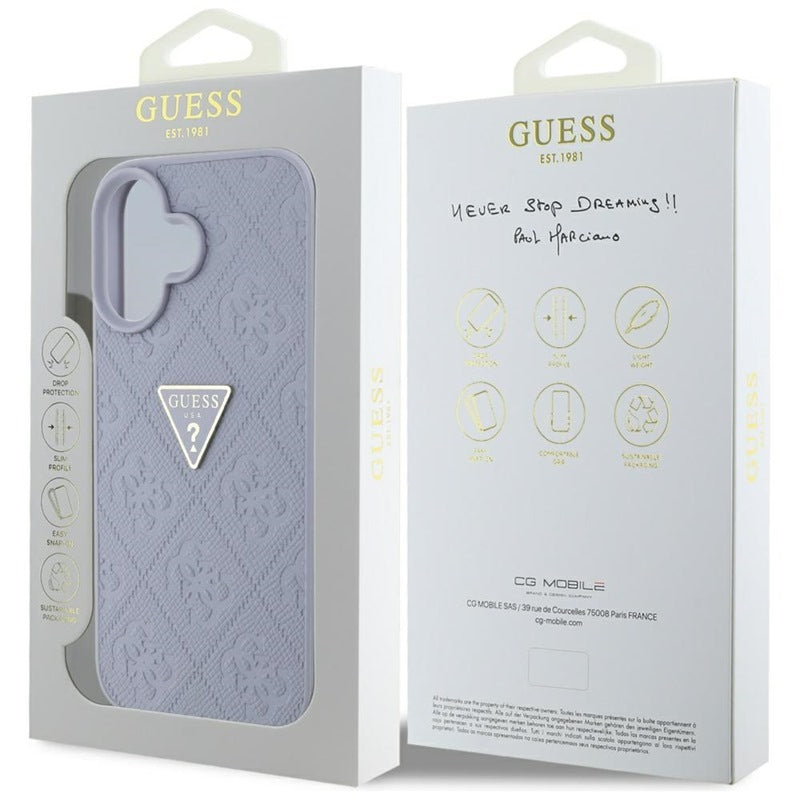 Guess Hot Stamp 4G Pattern Triangle Metal Logo – Dėklas iPhone 16 (violetinė)
