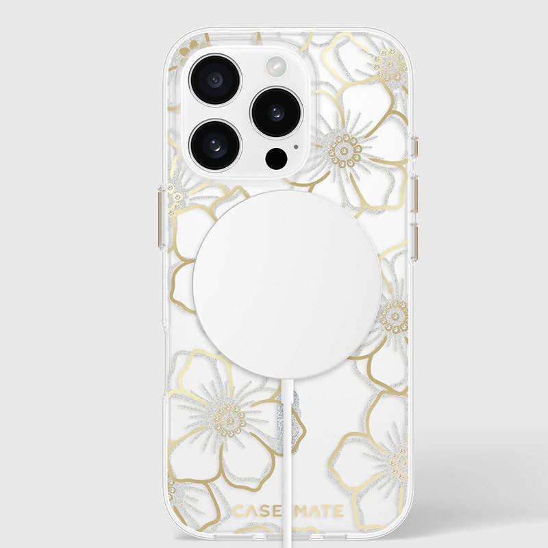 Case-Mate Floral Gems dėklas su MagSafe, skirtas iPhone 16 Pro (auksinis)