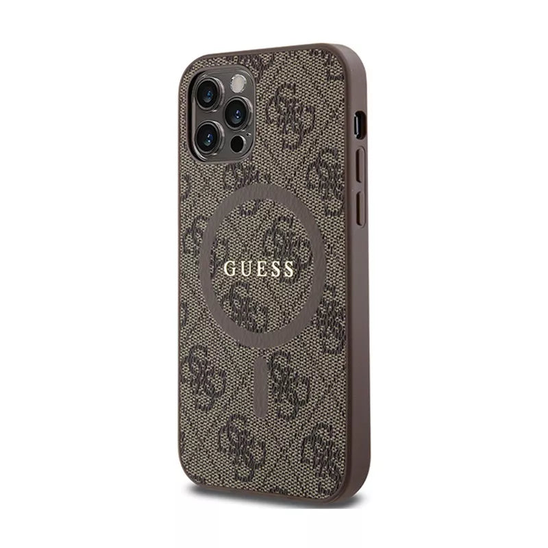 Guess 4G Collection Leather Metal Logo MagSafe – dėklas, skirtas iPhone 12 / iPhone 12 Pro (ruda)